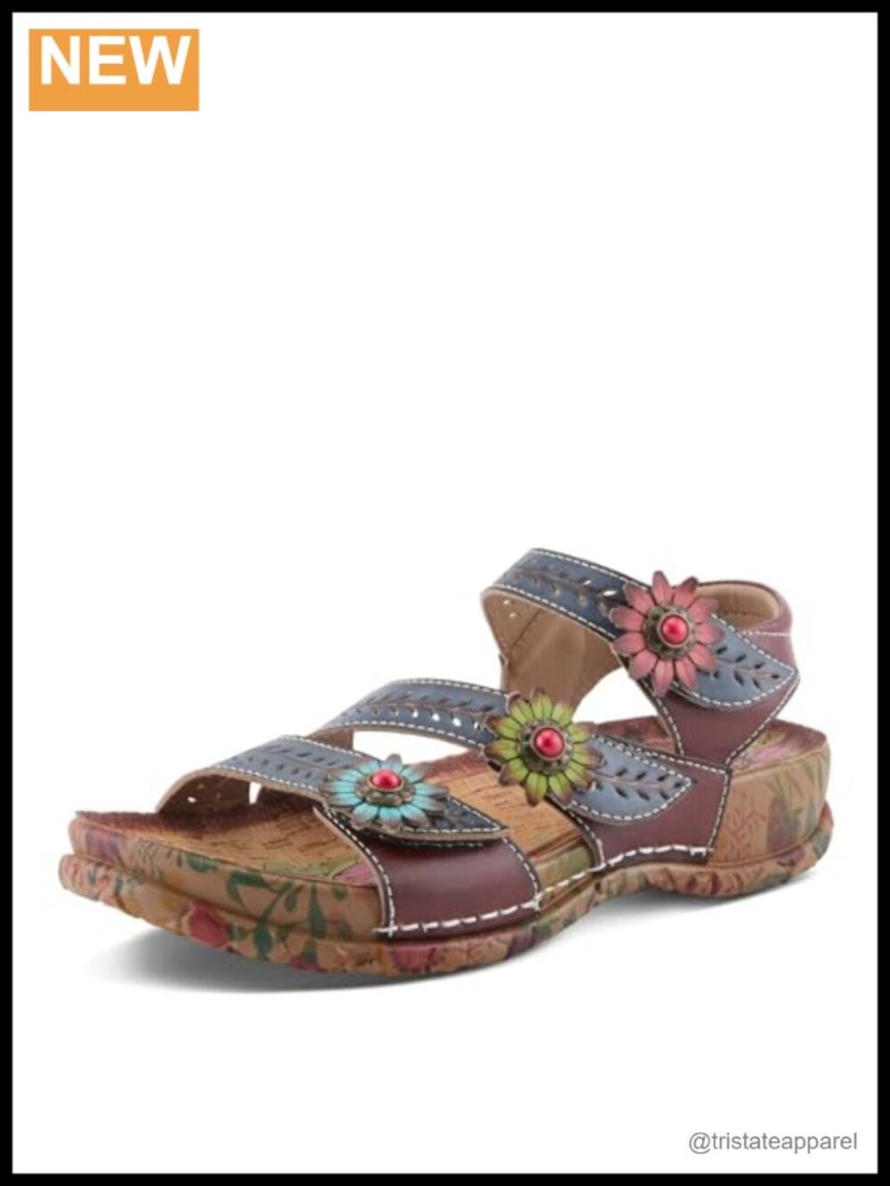 L'Artiste Floral Leather Sandal Wedge Adjustable Hook & Loop Comfort